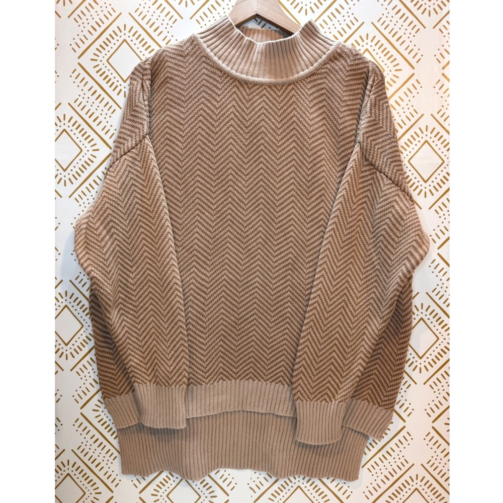 ABLE Jana Sweater Size XL Tan Organic Cotton Chevron Mock Neck Oversized Neutral